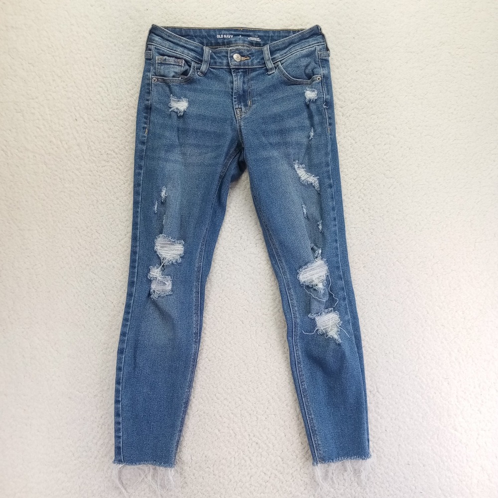 Old Navy Rockstar Super Skinny Jeans Womens 0 Petite Blue Distressed Mid Rise‎